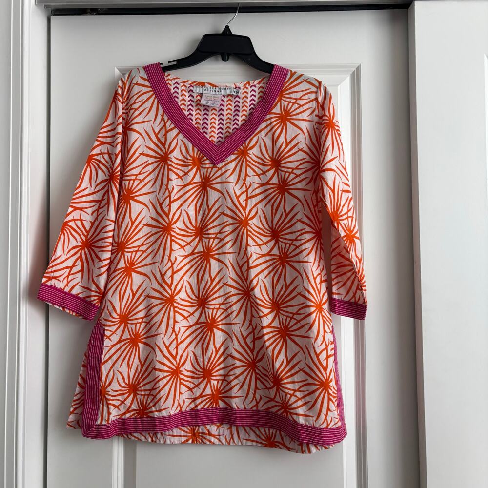 Gretchen Scott Tunic Blouse Top Cover-Up Orange Pink Starburst Print Sz S Resort